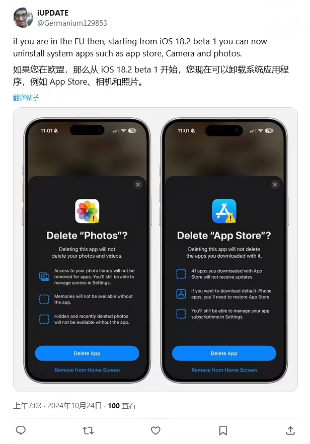 猇亭苹果手机维修分享iOS 18.2 支持删除 App Store 应用商店 